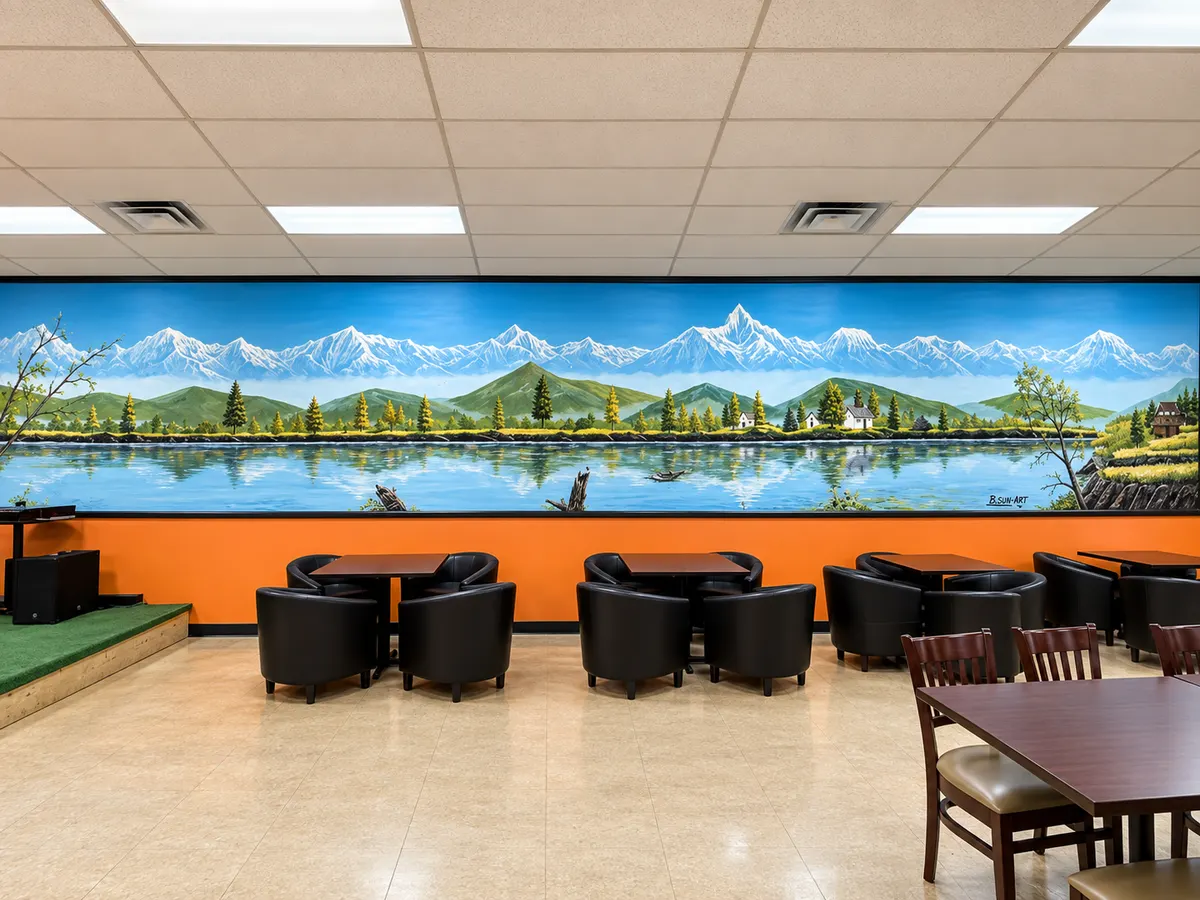 The singing room at Hamro Restaurant — the stage under the Himalayan lake mural